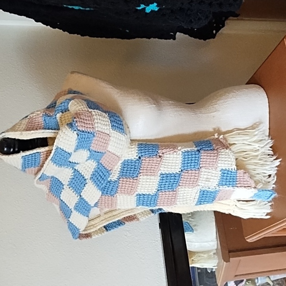 Wrap scarf Winter Handmade Knit Checkered Scarf - Blue, Pink, Cream - Picture 6 of 6